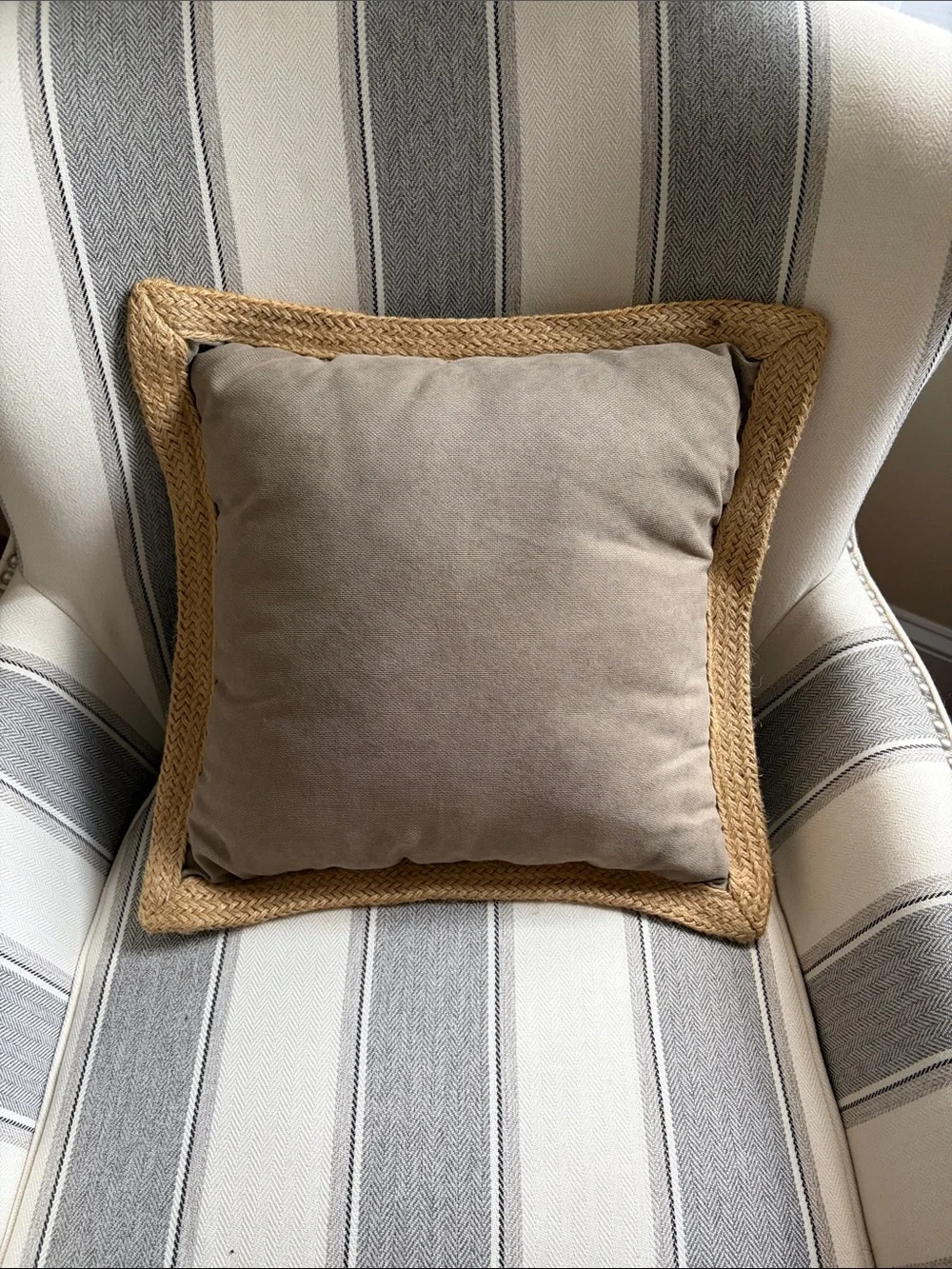 Set of 2 Neutral Beige Decorative Throw Pillows with Woven Jute Trim